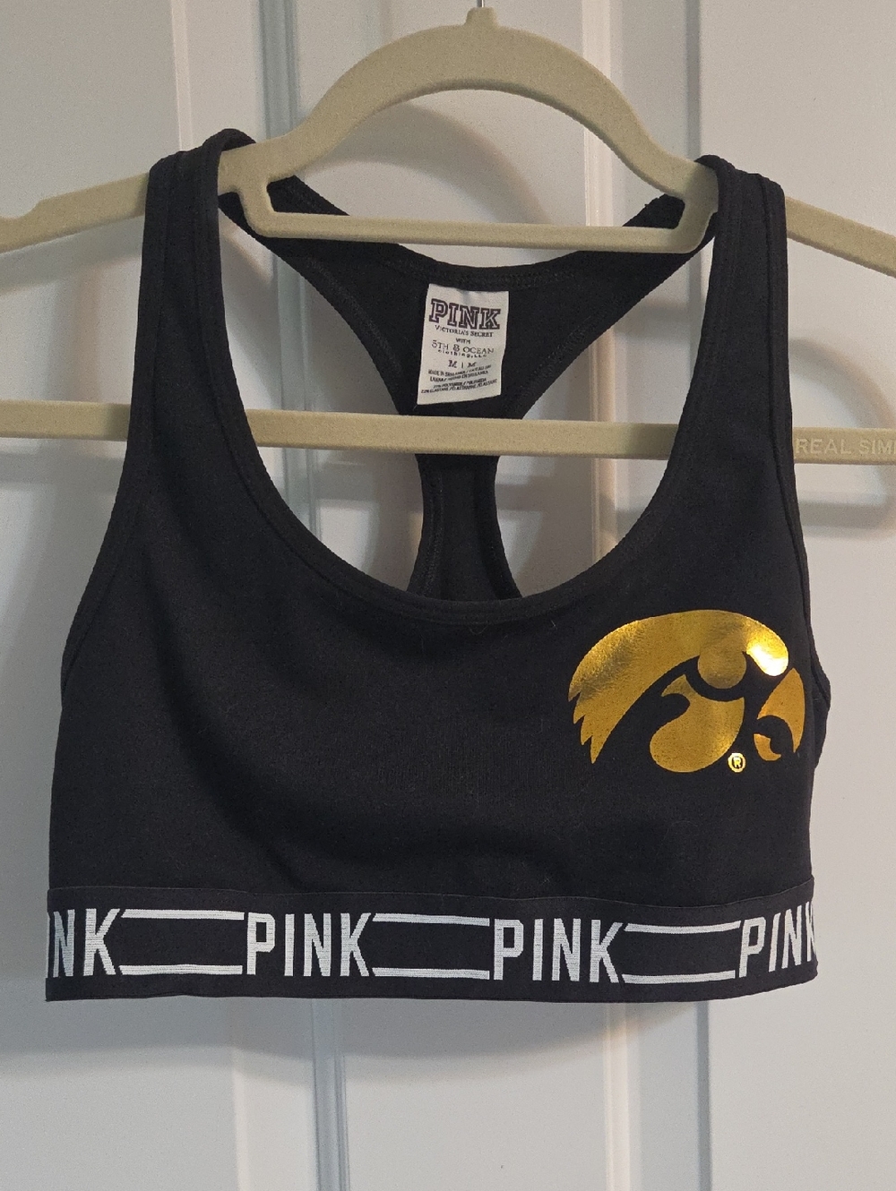 PINK Victoria's Secret Black Racerback Sports Bra with Gold Hawkeye Logo